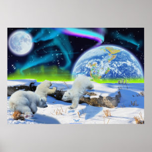 Póster Polar Bear Cubs & Aurora Earth Day Fantasy Poster