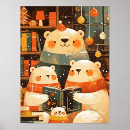 Póster Polar Bear Family Reading Together on Christmas