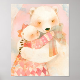 Póster Polar Bear Mother and Cub Cuddle Nursery Poster