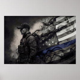 Póster Police Officer Tribute Blue Line American Flag Art