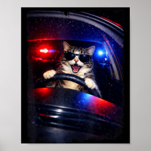 Póster policía divertida gato loco conduciendo coche meme