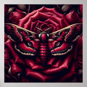 Póster Polilla Halcón Carmesí Rosa Roja Oscura Botánica G