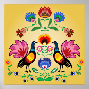 Póster Polish Folk With Decorative Floral & Cockerels