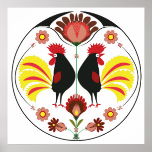 Póster Polish Folk With Decorative Roosters, Poster