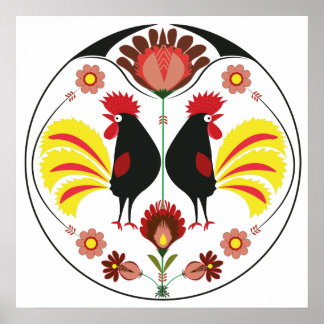 Póster Polish Folk With Decorative Roosters, Poster
