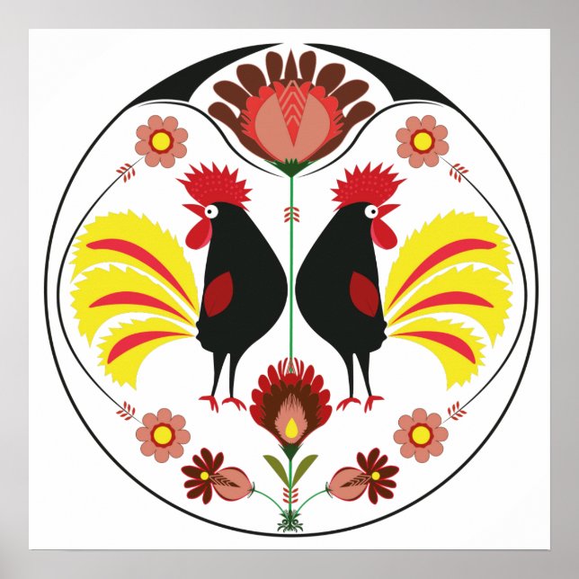Póster Polish Folk With Decorative Roosters, Poster (Frente)