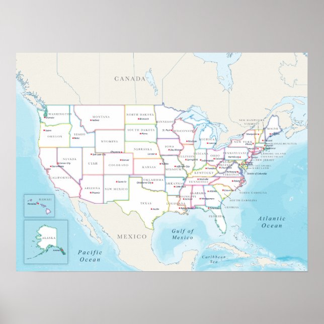 Póster Political map of the United States with capitals (Frente)