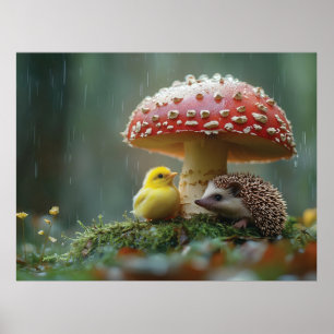 Póster Pollito y Erizo Lindo Escondiéndose Debajo de una 