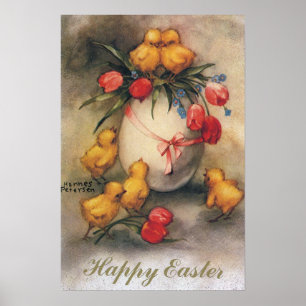 Póster Pollitos de Pascua vintage con flores de tulipán r
