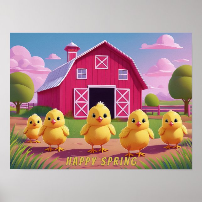 Póster Pollitos Felices de Primavera en el Corral (Frente)