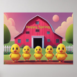 Póster Pollitos Felices de Primavera en el Corral