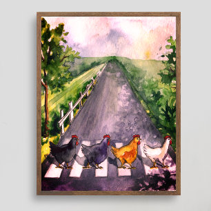 Póster Pollitos Lindos de Acuarela Cruzando la Carretera 