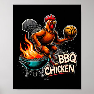 Póster Pollo a la parrilla BBQ jugando baloncesto en llam