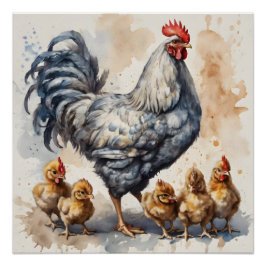 Póster Pollo acuarela con pollitos no 2