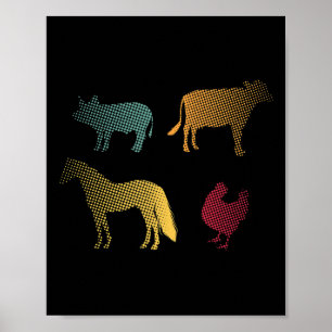 Póster Pollo Caballo Cerdo Vaca Granja Granjero Retro 70s