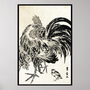 Póster Pollo de gallo de tinta ukiyo-e japonés de Guay