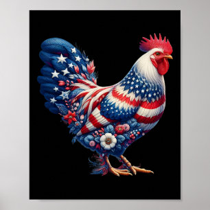 Póster Pollo del 4 de Julio Patriótico Bandera Floral Chi