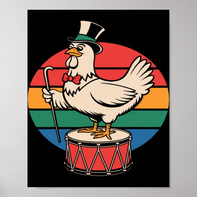 Póster Pollo Elegante En Tambor Retro Arcoíris Marchando  (Frente)