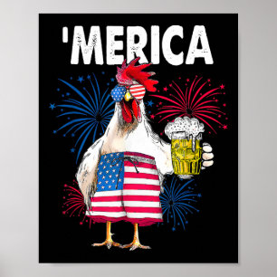 Póster Pollo Funny De Merica Con Cerveza Bandera Estadoun