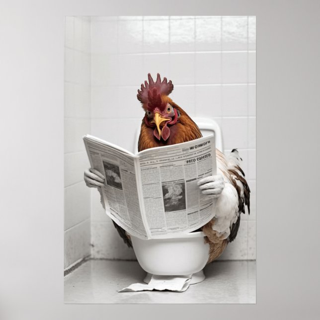 Póster Pollo sentado en el inodoro leyendo un periódico (Frente)