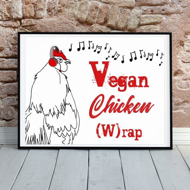 Póster Pollo vegan W rap música divertida Cita Rooster (Funny rooster rap music joke. Simple farm chicken line art with musica notes vegan joke)