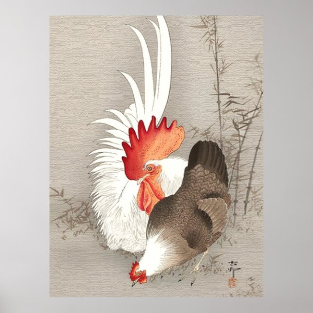 Póster Pollo y Gallo de Ohara Koson (Frente)