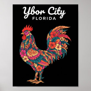 Póster Pollo Ybor City Gallo Tropical, Floral Florida