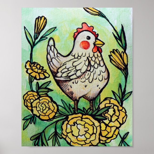 Póster Pollos de Ilustracion de flores y pollo (Frente)