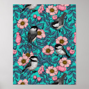 Póster Pollos en rosa silvestre, rosa y azul