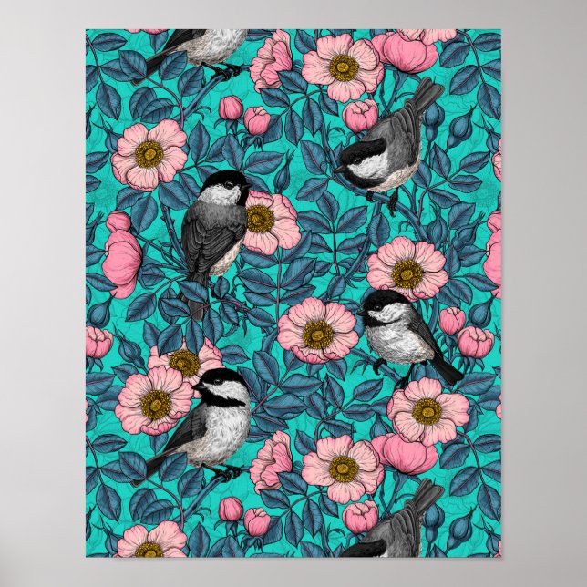 Póster Pollos en rosa silvestre, rosa y azul (Frente)