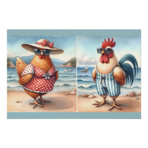 Póster Pollos en traje de baño en la costa