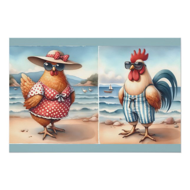 Póster Pollos en traje de baño en la costa (Anverso)
