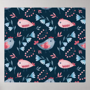 Póster Pollos populares: Patrón acuarela sin foco.