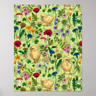 Póster Pollos y flores silvestres en verde rocío de miel