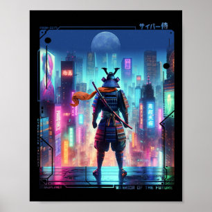 Póster Polo Eléctrico De Samurai En Ciberpunk Retro Japon