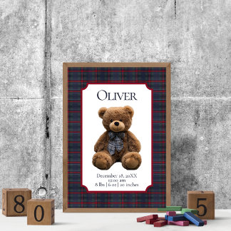 Póster Polo Teddy Bear Tartan Plaid Baby Name Birth Stats