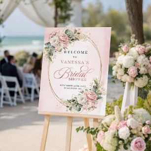 Póster Polvo Suave Rosa Floral Eucalipto Oro Bienvenida