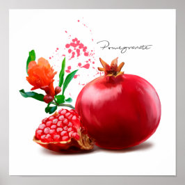 Póster Pomegranato y salpicadura. Ilustracion acuarela