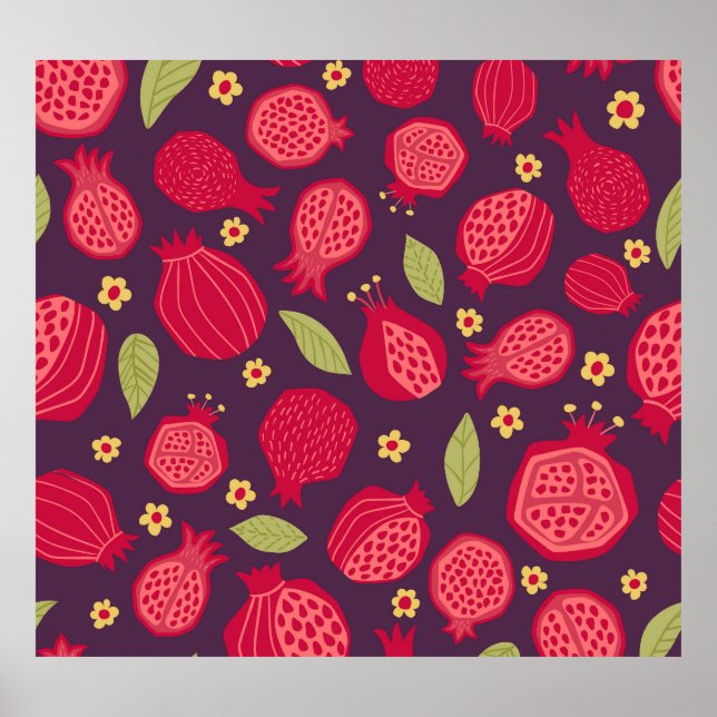 Póster Pomegranatos jugosos: ilustracion vintage. (Frente)