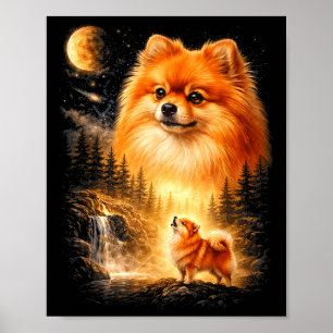 Póster Pomerania aullando a la luna vintage místico hacer