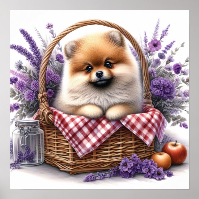 Póster Pomerania Cachorro de cachorro acuático de flores  (Frente)