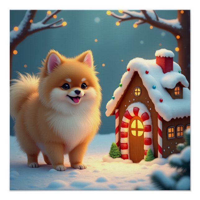Póster Pomeranian in Gingerbread Village Christmas (Anverso)