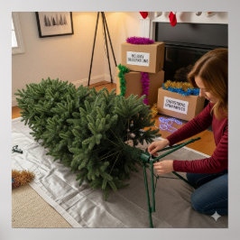 Póster Poner el árbol de Navidad en pie