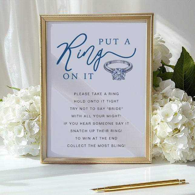 Póster Poner un anillo en él Rótulo de juego de ducha de  (Bridal Shower Ring Game Sign)