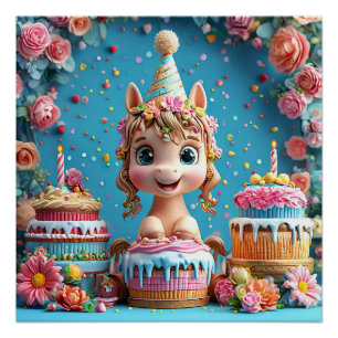 Póster Poni de dibujos animados adorable celebrando cumpl
