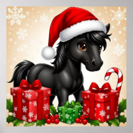Póster Poni negro lindo con sombrero de Santa