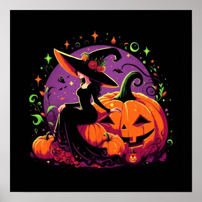 Póster Poniendo a la bruja sentado en un Poster de calaba (Frente)