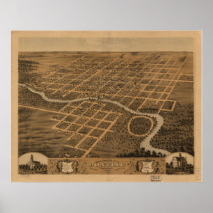 Póster Pontiac Illinois 1869 Mapa Panorámico Antiguo
