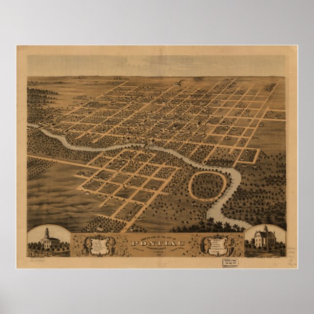 Póster Pontiac Illinois 1869 Mapa Panorámico Antiguo (Frente)