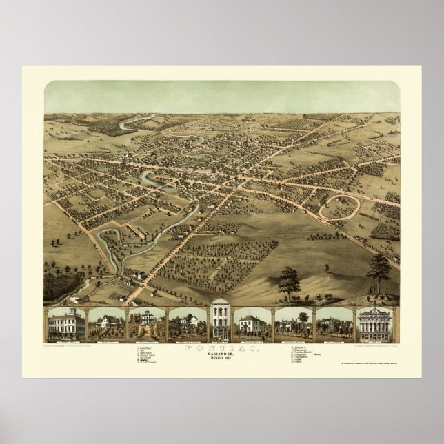 Póster Pontiac, Mapa Panorámico de MI - 1867 (Frente)